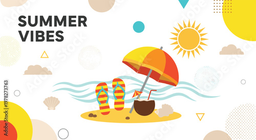 Summer vibes with beach umbrella, flip-flops, coconut drink, and sun on a small sandy island with waves. design for travel, tourism, holiday, and resort concepts. flat cartoon vector illustration.