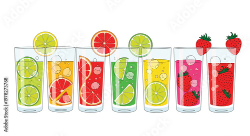 Collection of various colorful fresh fruit juices in tall glasses decorated with fresh slices of lime and red grapefruit.