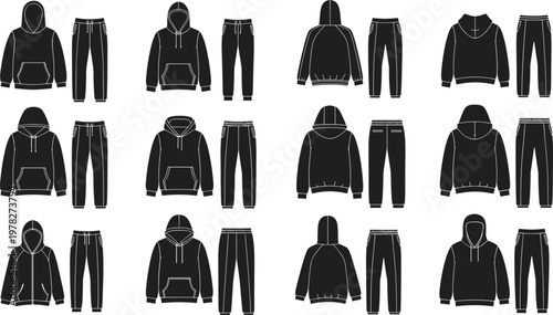 Professional Hoodie and Sweatpants Technical Sketch Vector Set Featuring Diverse Urban Streetwear Fashion Templates Isolated on White Background for Apparel Designs