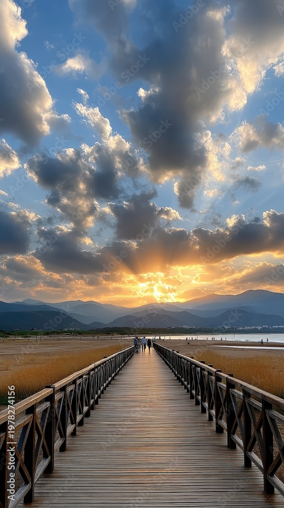 Obraz premium Wooden walkway made of bamboo is seen with people walking as the sky turns orange above the beach and ocean during sunset