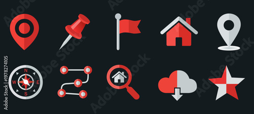 Red map pin icons set. Flat navigation symbol vector. Real estate search home. Modern compass route map. Cloud download favorite star. Perfect for travel apps, location data, and web UI design