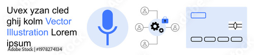 Voice recognition, smart technology, cybersecurity, workflow automation, data sharing, connectivity. Microphone icon, network security and software interface. Voice recognition and smart technology