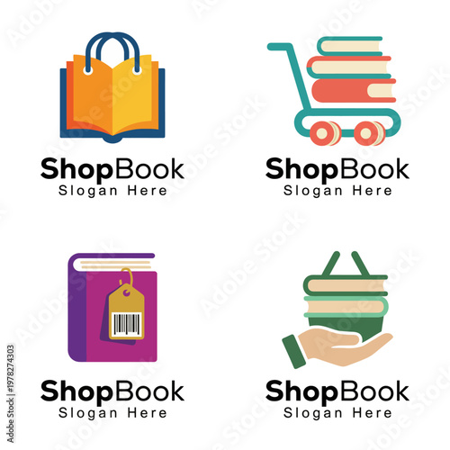 A collection of creative logos for a bookstore called ShopBook featuring various elements like books, shopping carts, and tags, depicting the joy of reading and shopping.