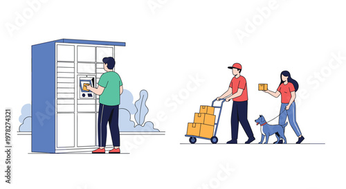 People using an automated parcel locker for package collection while a delivery worker carries cardboard boxes nearby.