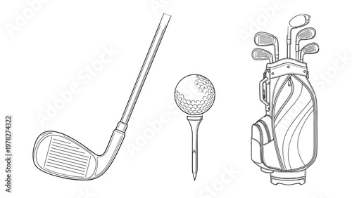 Golf essentials: An illustration of a golf club, a golf ball on a tee, and a golf bag. a perfect collection for the Golf lover and the enthusiasts of the sport.