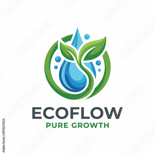 This image presents a green-centric logo representing EcoFlow, combining elements of water, leaves, and purity to symbolize eco-friendliness and growth in natural environments.