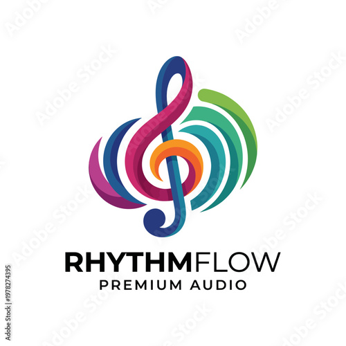 This energetic audio logo elegantly combines musical notes and colorful sound waves, capturing the essence of rhythm and flow in the world of premium audio entertainment.