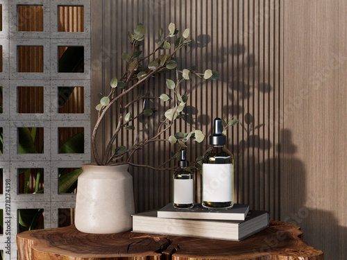 Cuadro en lienzo Skincare dropper bottle mockup set with blank labels on stacked books and wooden table