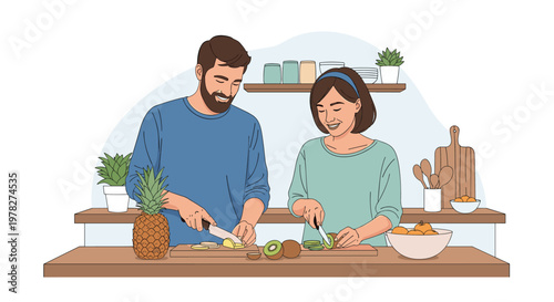 Happy young couple standing at a wooden kitchen counter and cutting fresh pineapple and kiwi for a healthy fruit salad.