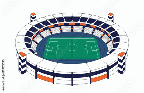 An aerial view of a brightly colored circular soccer stadium with green turf