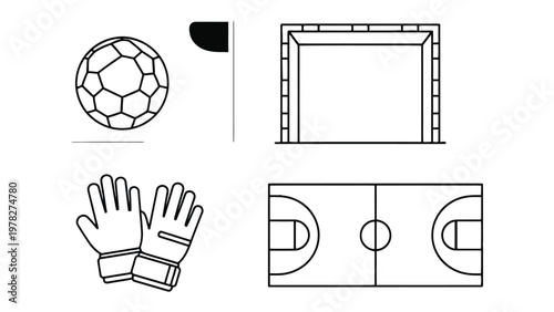 Soccer Essentials: An illustration showcasing key elements of soccer, including a soccer ball, a goal, a corner flag, soccer field and a pair of gloves. 