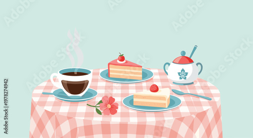 Elegant afternoon tea table set with coffee, delicious cake slices, and a sugar bowl on a red checkered tablecloth, creating a cozy cafe vibe.