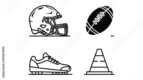 Essential Football Gear: A minimalist illustration of essential football gear, including a helmet, football, cleats, and a cone, symbolizing the core elements of the sport.