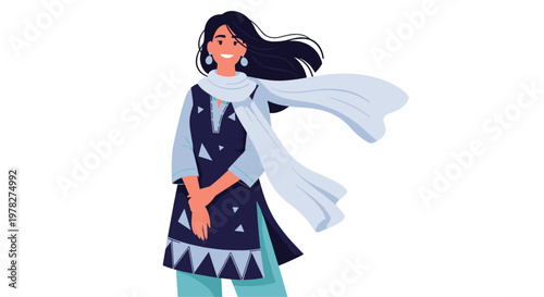 Confident young woman wearing a traditional dark blue tunic and a flowing white scarf, smiling as the wind blows through her long dark hair.