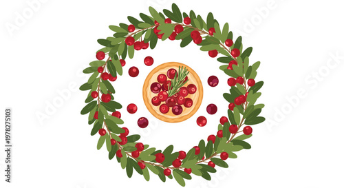 Top view of a delicious cranberry tart surrounded by a green leaf wreath with scattered red berries, perfect for a festive holiday treat.