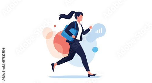 Ambitious businesswoman running with a blue briefcase against an abstract background, symbolizing career drive and professional success.