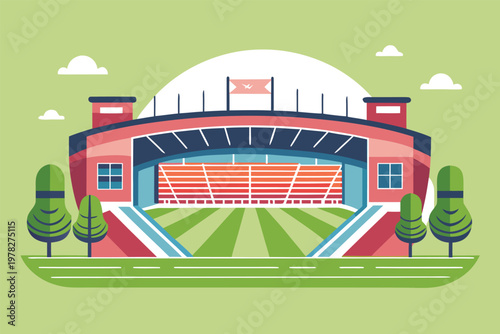 A colorful flat design illustration of a large stadium with red seating and a green field