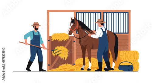 Two farm workers in overalls grooming a brown horse and cleaning a stable stall with hay, showcasing daily ranch chores and animal care.