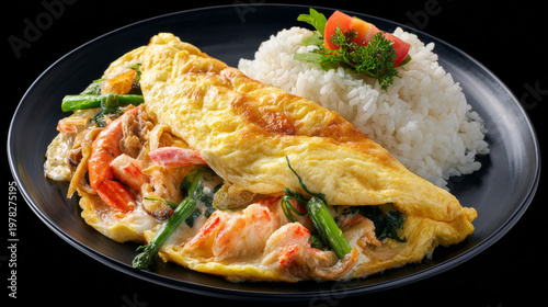 Creamy omelet with sliced crab stick and vegetables on rice on black plate isolated background with clipping path, top view.