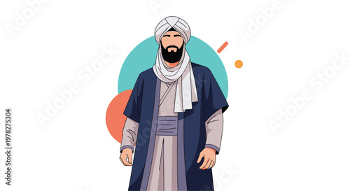 Traditional man wearing an ethnic white turban and desert robe shown as a stylized portrait against a minimalist colorful circular background element.