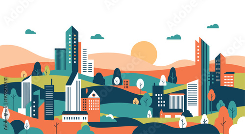 Colorful urban landscape features modern buildings and skyscrapers nestled among rolling hills under a bright setting sun and clouds.