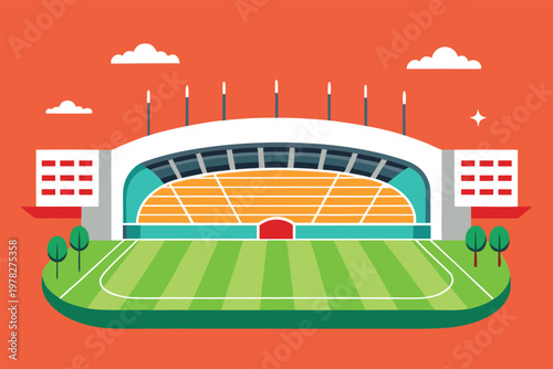 A brightly colored stylized illustration of a large sports stadium with a green field
