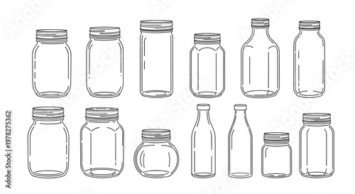 Set of hand drawn glass jars and bottles in various shapes and sizes provides a collection of containers for storage or canning designs.