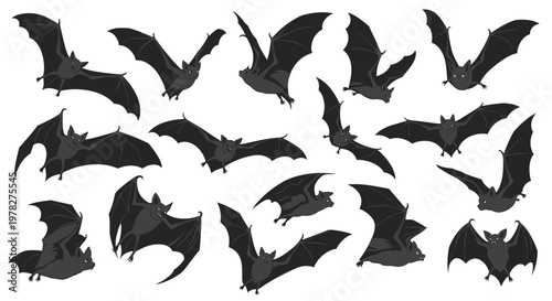 Collection of black bat silhouettes depicts the nocturnal creatures in various flying poses and wing positions for spooky or halloween themes.