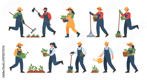 Group of diverse men and women work in a garden using various tools like rakes, hoes, and watering cans to tend to plants and soil.