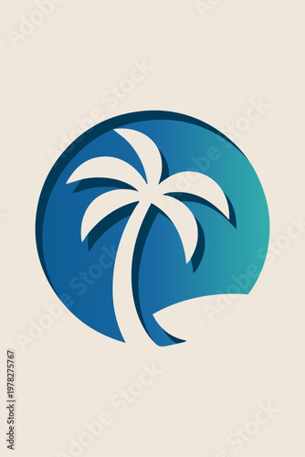 Logo agencia de viajes. Vacaciones de verano. Dibujo sencillo con silueta de la palma en una isla en un círculo con degradado y sombra 3D