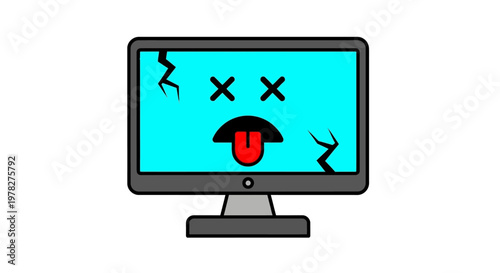 A cartoon illustration of a dead computer monitor with a distressed facial expression on the screen, depicting a system crash or error