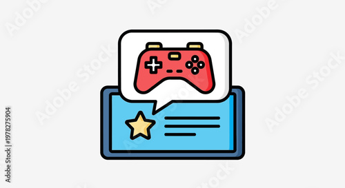 Digital game controller icon with a star and chat bubble, representing video game achievements and feedback in online gaming culture
