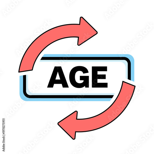 Illustration depicting the concept of aging with a rectangular frame displaying the word AGE, surrounded by two circular arrows indicating a cycle or transformation