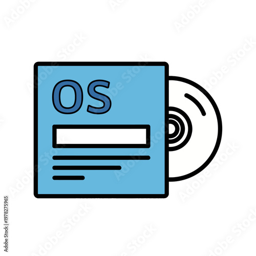 Graphical representation of an operating system software package, featuring a disc for program installation and digital setup, symbolizing modern computing technology and system architecture