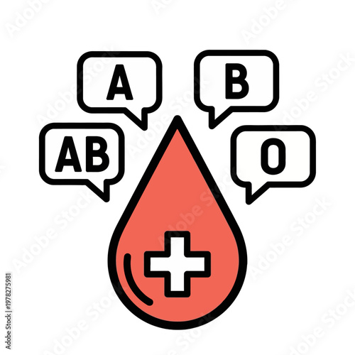 Vector graphic of a blood drop with a medical cross, surrounded by speech bubbles indicating blood types A, B, AB, and O, for donation, healthcare, and scientific awareness
