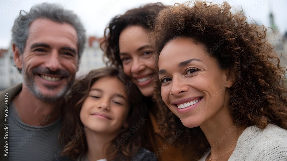 Fototapeta premium A joyful portrait of a family group smiling together outdoors conveying deep warmth and heartfelt connection