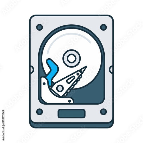 Detailed illustration of a computer hard disk drive, symbolizing digital data storage and information technology concepts in a clean, modern design