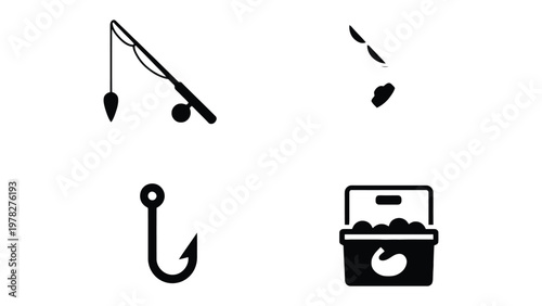 Fishing Icons: A collection of simple fishing-related icons, each meticulously designed to symbolize the various aspects of the sport, including a fishing rod, hooks, and a tackle box. 