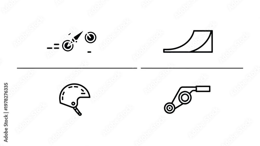 Obraz premium BMX and Skateboarding Icon Set: A collection of simple, black and white line art icons depicting the essence of BMX and skateboarding activities. Perfect for design projects.