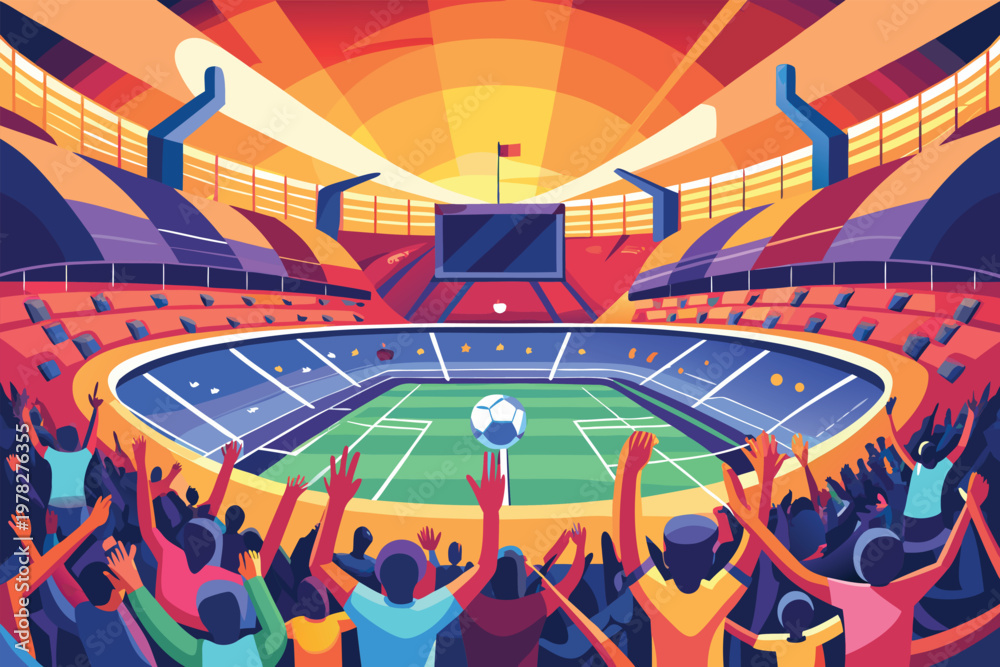 Obraz premium A vibrant illustration depicts a packed soccer stadium during an exciting match