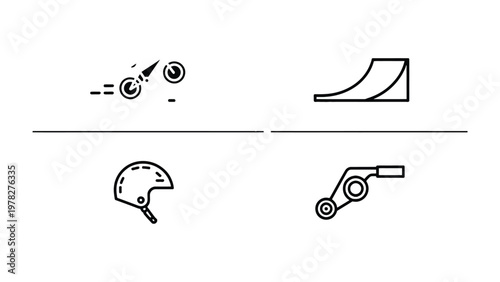 BMX and Skateboarding Icon Set: A collection of simple, black and white line art icons depicting the essence of BMX and skateboarding activities. Perfect for design projects.