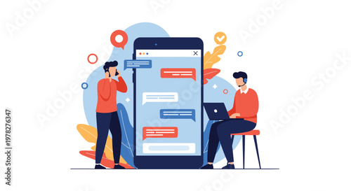 Customer support and communication concept features two people interacting through a large smartphone with message bubbles and icons.