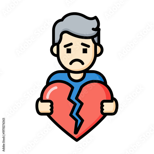 Sad man holding a broken heart, representing heartbreak and emotional pain, with a somber expression conveying sadness and disappointment