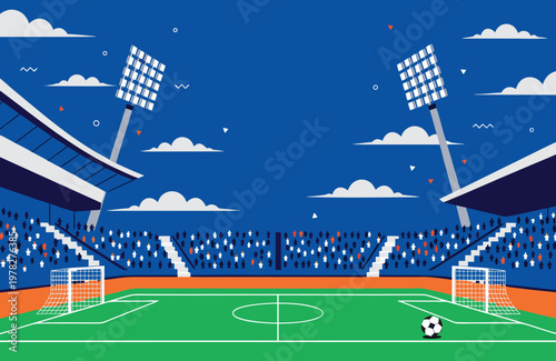 A brightly colored illustration depicts a soccer stadium with a player on the field