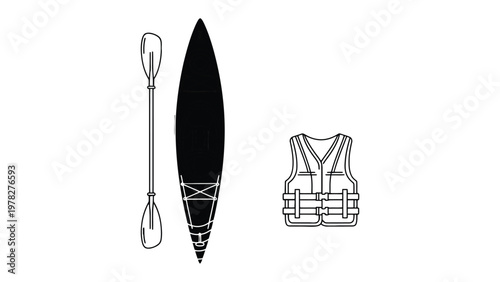 Kayaking Essentials: A streamlined kayak, a sturdy paddle, and a reliable life vest stand ready for a day of adventure on the water.