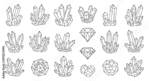 Detailed collection of hand drawn crystal and gemstone sketches features various natural formations and faceted jewels in black and white.