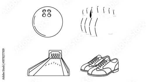 Bowling Game Elements: A vector illustration showcasing essential elements of a bowling game, perfect for design and recreational themes.