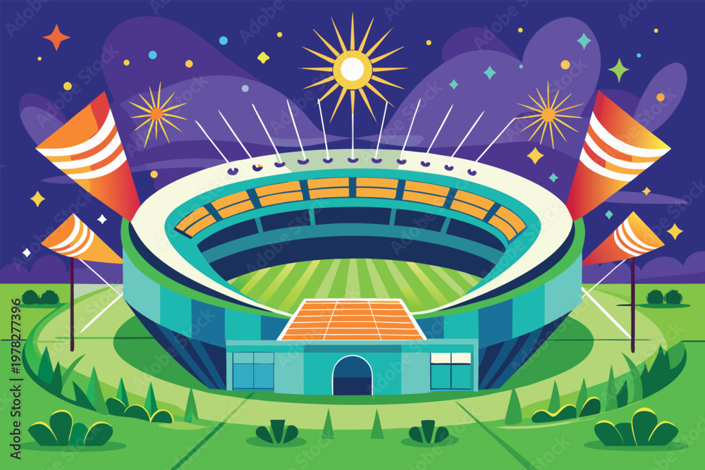 Fototapeta premium A brightly colored stadium scene with fireworks illuminating a nighttime sporting event