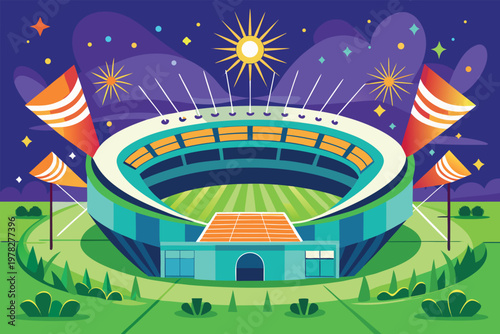 A brightly colored stadium scene with fireworks illuminating a nighttime sporting event