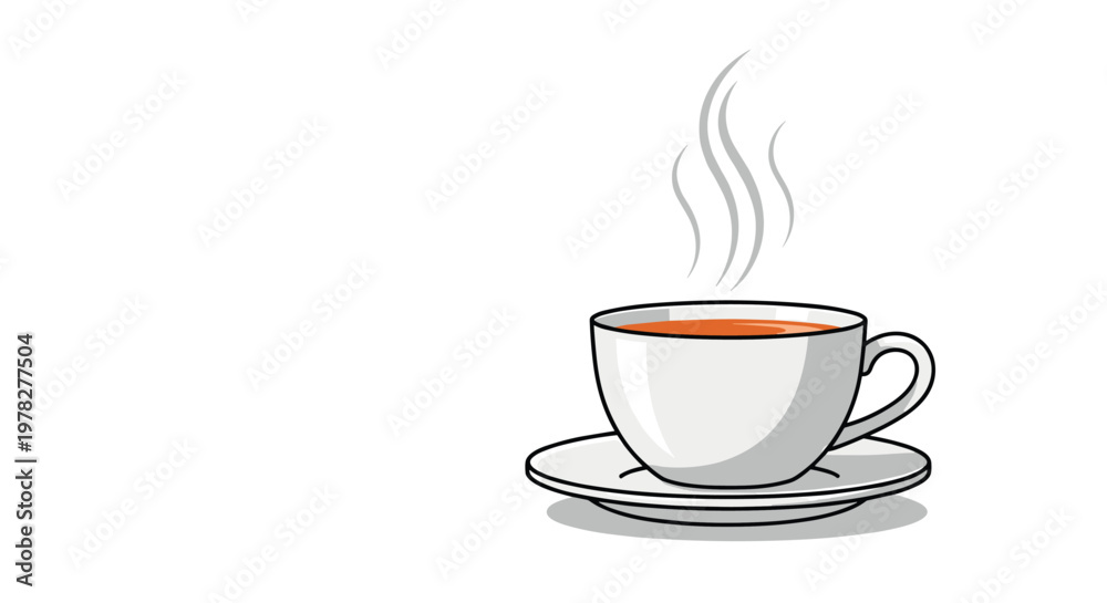 Obraz premium White ceramic cup and saucer filled with hot tea or coffee with rising steam trails isolated on a white background.